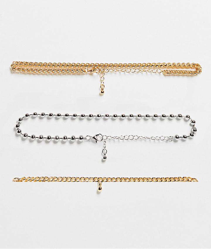 Topshop Chain And Bobble 3 X Multipack Choker Necklaces In Mixed Metals
