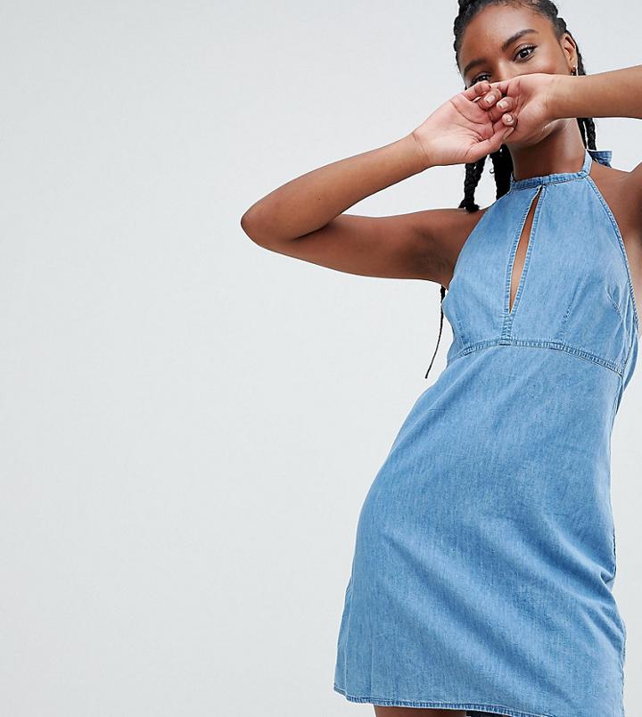 Asos Design Tall Denim Halter Neck Mini Dress In Midwash Blue