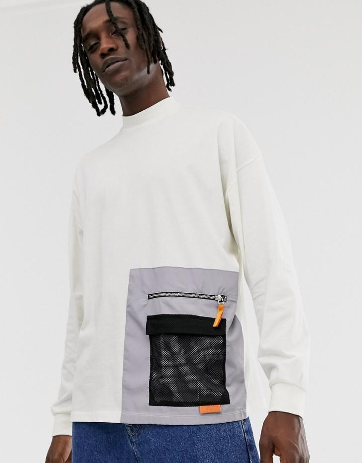Asos Design Oversized Long Sleeve T-shirt With Large Utility Mesh Pocket In Beige - Beige