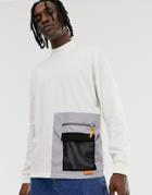Asos Design Oversized Long Sleeve T-shirt With Large Utility Mesh Pocket In Beige - Beige