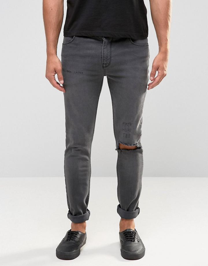 Asos Super Skinny Jeans With Knee Rips And Text Print Detail - Black