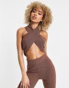 Asos Design Knitted Wrap Top In Metallic Yarn - Part Of A Set-brown