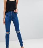 Asos Tall Farleigh High Waist Slim Mom Jeans In Bonnie Wash With Super Wide Busted Knee - Blue