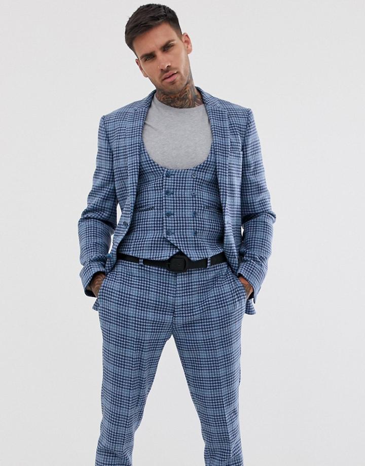 Asos Design Wedding Super Skinny Suit Vest In Blue Wool Blend Check - Blue