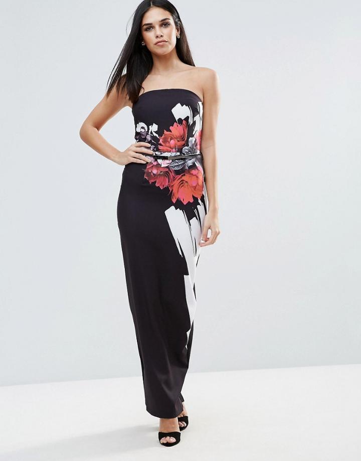 Little Mistress Rose Print Column Maxi Dress With Belt - Multi