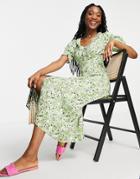 Miss Selfridge Frill Edge Button Through Midi Dress In Green Floral