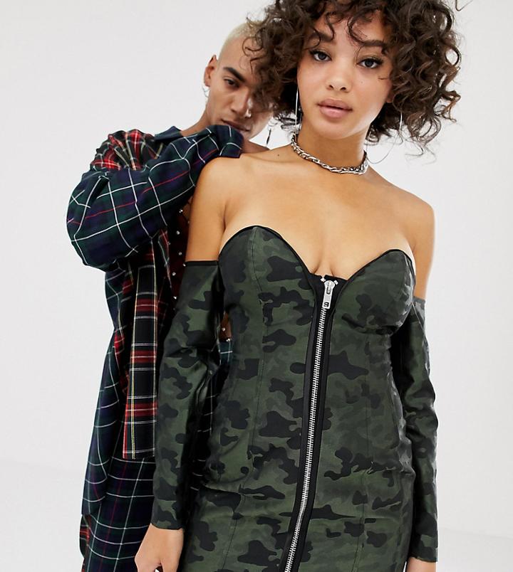 Asos Design X Laquan Smith Off Shoulder Mini Dress In Camo Jacquard - Multi