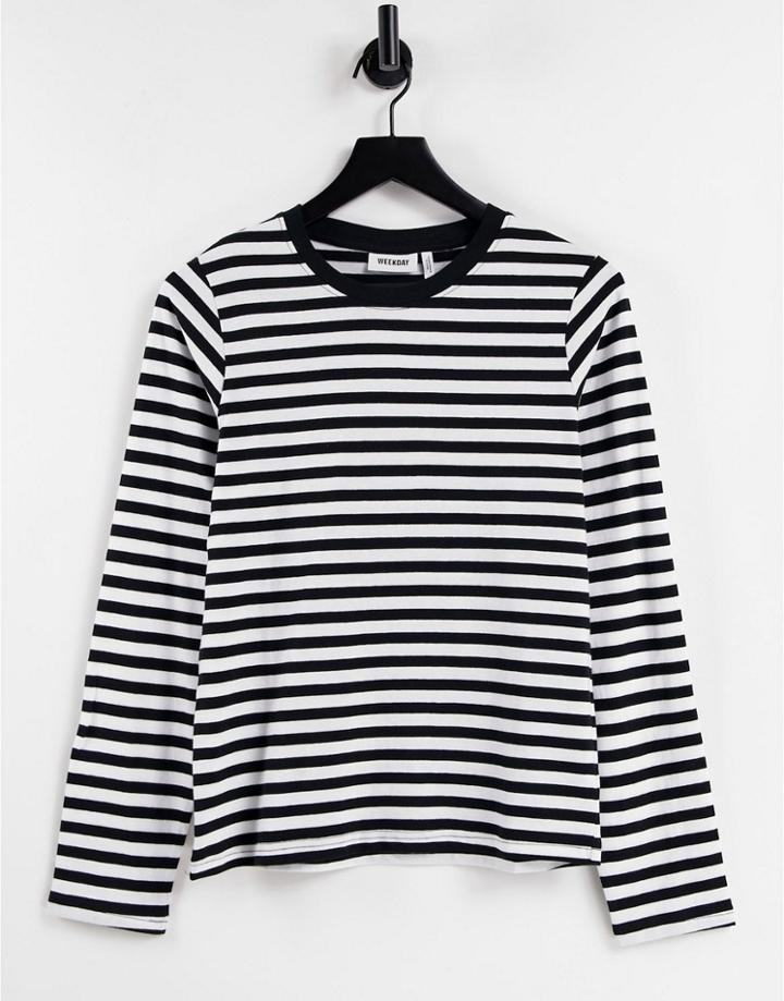 Weekday Alanis Cotton Long Sleeve Stripe T-shirt In Black And White-multi