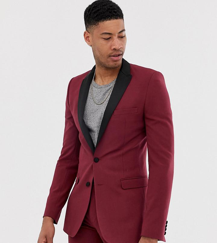 Asos Design Tall Super Skinny Tuxedo Suit Jacket In Burgundy-red