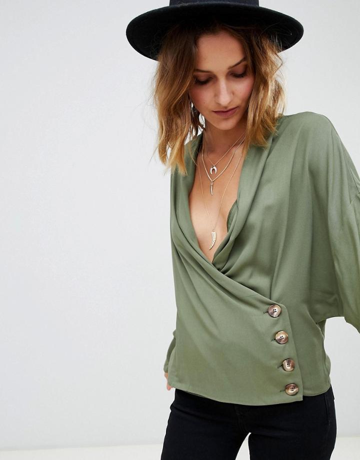 Asos Design Drape Cowl Long Sleeve Top With Side Button Detail-green