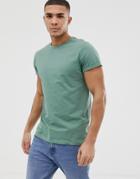 Asos Design Crew Neck T-shirt With Roll Sleeve In Green - Green