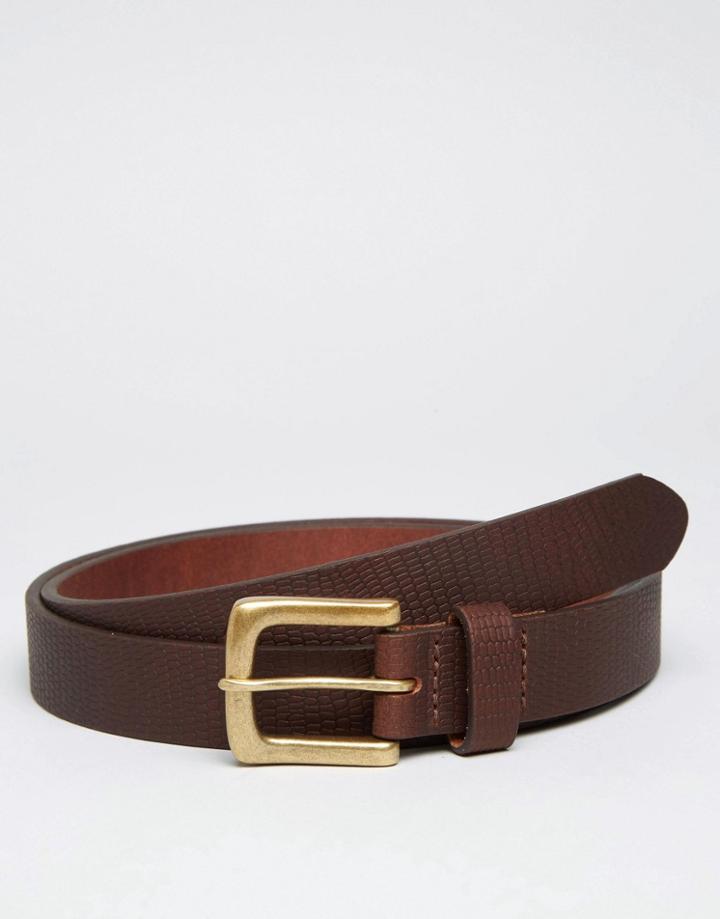 Asos Slim Black Leather Belt With Emboss - Brown