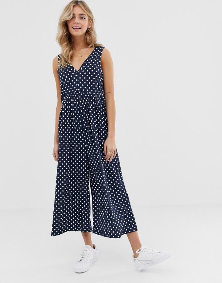 Asos Design Curved Smock Jumpsuit In Navy Polka Dot - Multi
