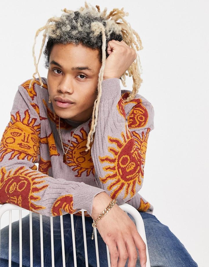 Asos Design Knitted Oversized Rib Sweater With Sun & Moon Pattern-purple