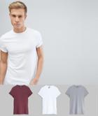 Asos Design Muscle Fit Crew Neck T-shirt With Roll Sleeve 3 Pack Save - Multi