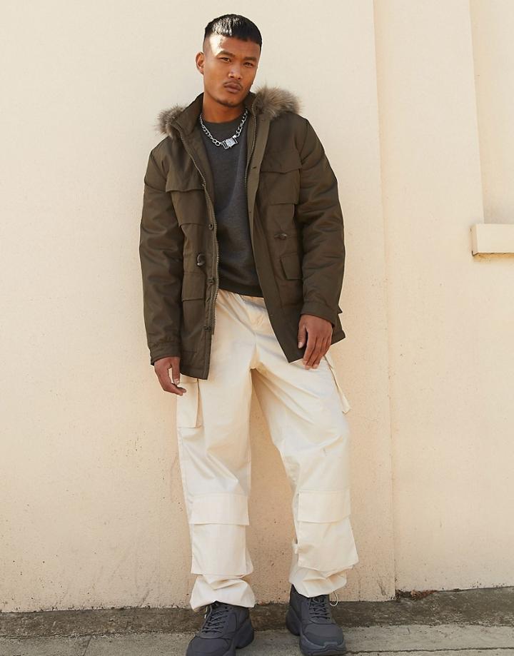 Asos Design Faux Fur Hooded Parka In Khaki
