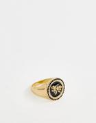 Asos Design Signet Ring With Rose And Swarovski Crystals In Gold Tone - Gold