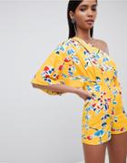 Lavish Alice One Shoulder Kimono Romper In Yellow Floral - Yellow