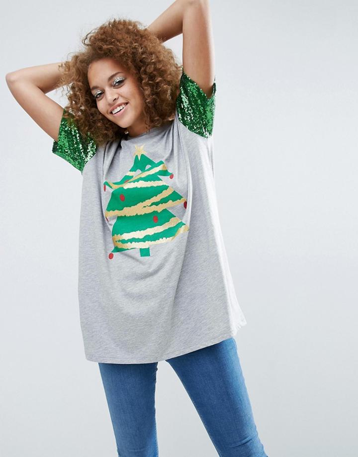 Asos Holidays T-shirt With Sequin Sleeve And Holidays Tree Print - Gra