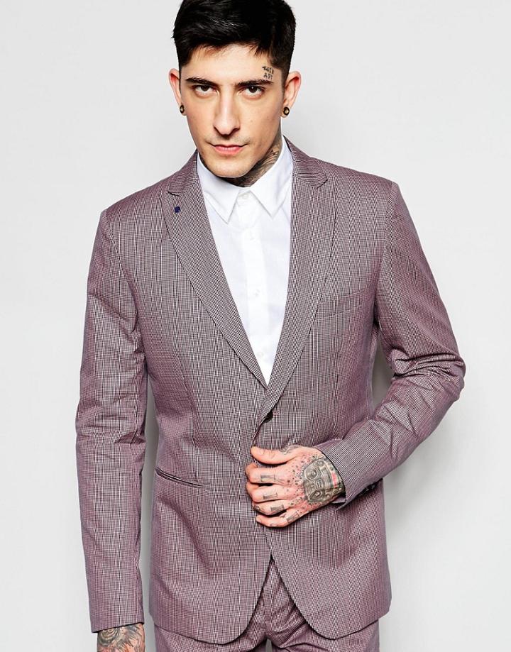 Sisley Slim Fit Suit Jacket In Micro Check - Burgundy