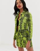Asos Design Denim Jacket In Neon Lime Snake Print-green