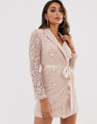 Love Triangle Lace Blazer Dress With Ribbon Detail In Taupe-pink