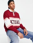 Asos Actual Oversized Long Sleeved Polo Shirt In Burgundy With Block Stripe And Logo Detail-red