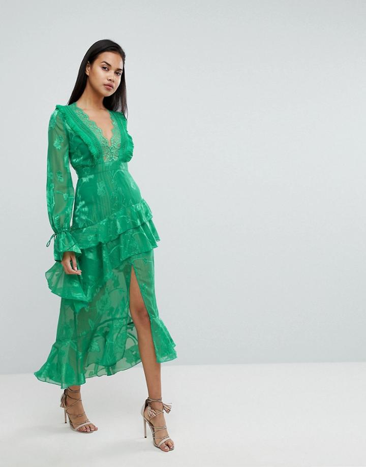 Dark Pink High Low Maxi Dress With Tierred Split Skirt - Green