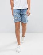 Pull & Bear Distressed Denim Shorts In Mid Wash - Blue