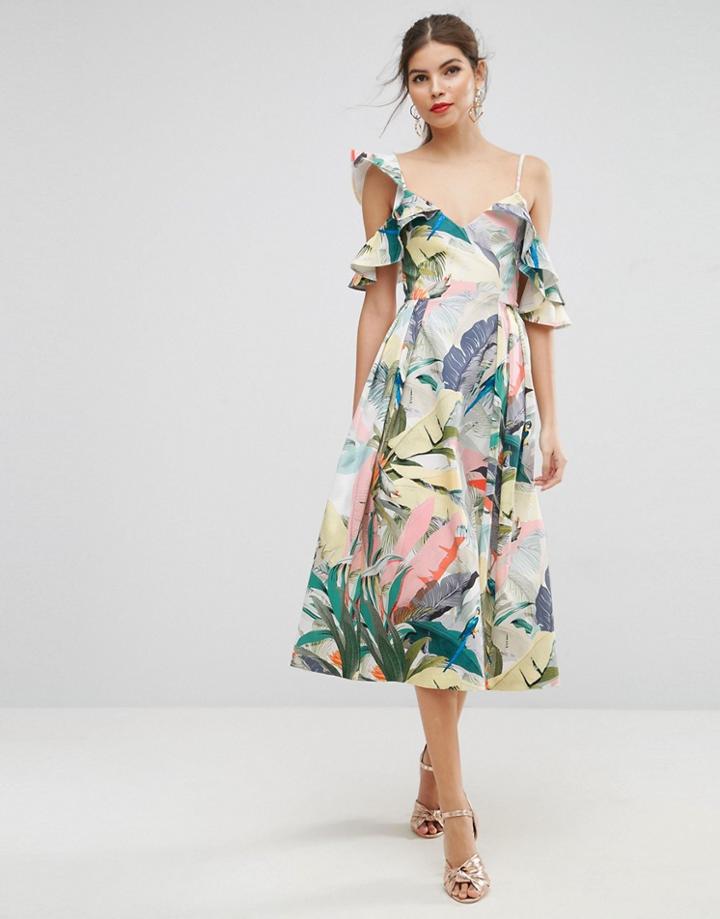 Asos Tropical Ruffle Dip Back Prom Midi Dress - Multi