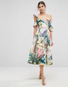 Asos Tropical Ruffle Dip Back Prom Midi Dress - Multi