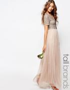Maya Tall V Neck Maxi Tulle Dress With Tonal Delicate Sequins - Taupe