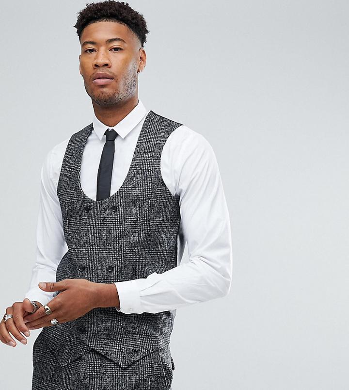 Asos Tall Slim Vest In Moons Wool Rich Monochrome Check - Black