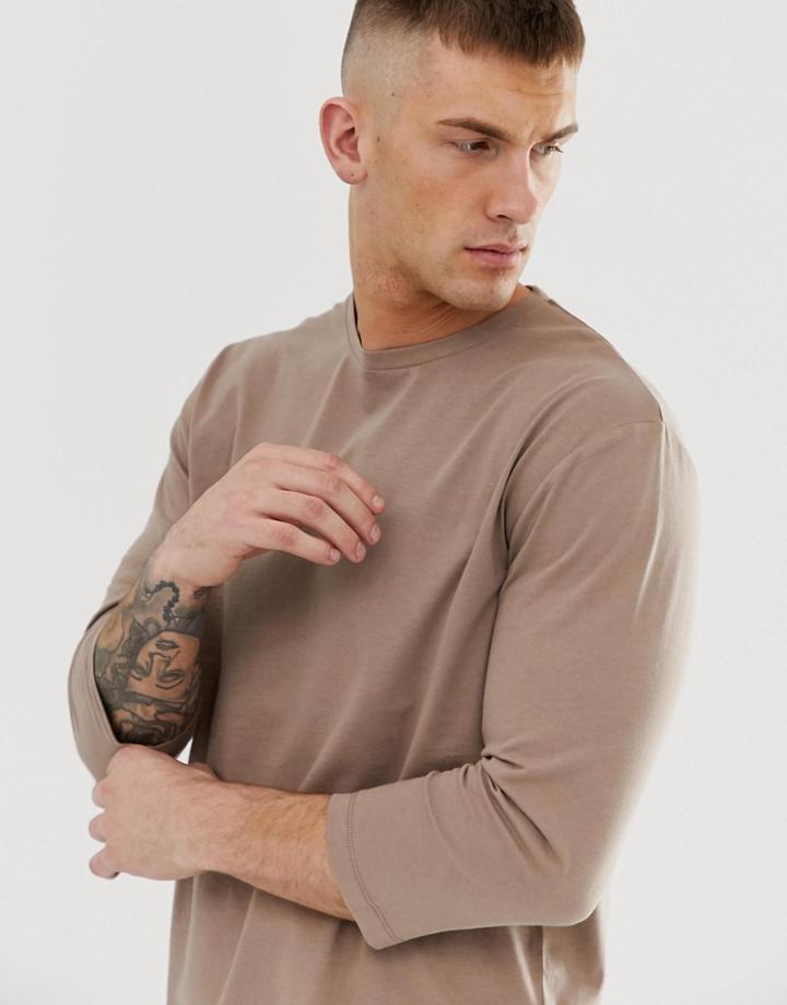 Asos Design Relaxed 3/4 Sleeve T-shirt With Crew Neck In Beige - Beige