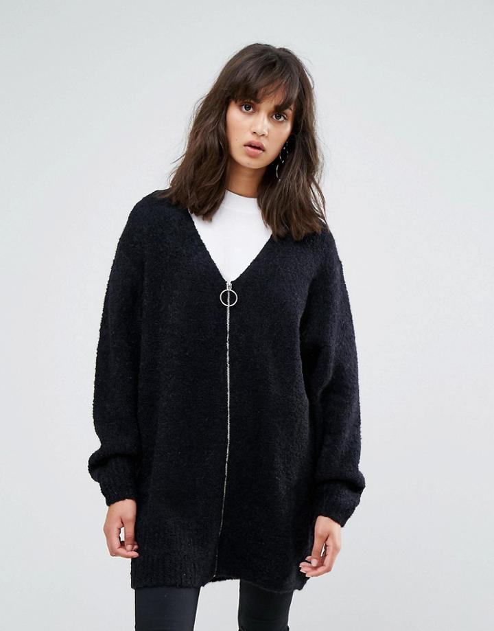 Weekday Fluffy Cardigan With Zip - Black