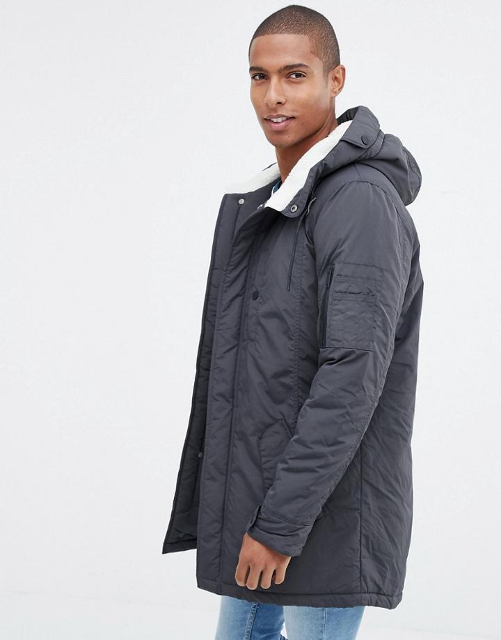 Brave Soul Fleece Lined Hooded Parka Jacket-gray