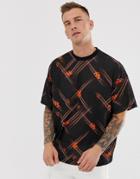 Asos Design Oversized T-shirt With Diagonal Check And Floral Print - Black