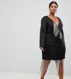 Asos Design Curve Tux Mini Dress With Rhinestone Fringe - Black