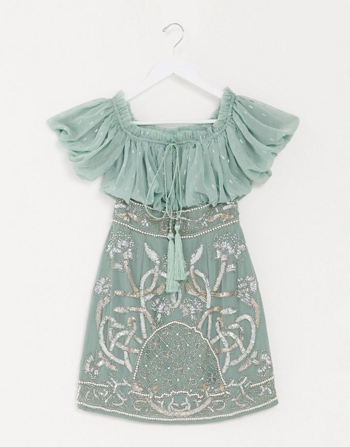 Asos Design Blouson Bodice Off-shoulder Mini Dress With Embellished Skirt In Sage-green