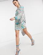 Asos Design Blouson Bodice Off-shoulder Mini Dress With Embellished Skirt In Sage-green
