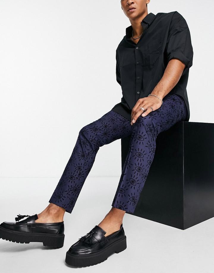 Twisted Tailor Suit Pants In Navy With Eye Print Flocking