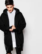 Asos Hooded Wool Parka Jacket With Faux Leather Trim In Black - Black