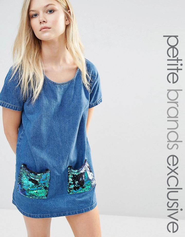 Liquor & Poker Petite Frayed Hem Denim Shift Dress With Sequin Pockets - Blue