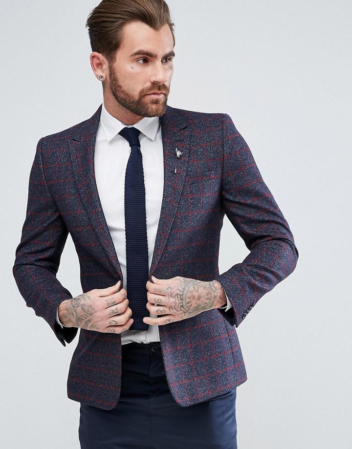 Asos Skinny Blazer In Wool Mix Navy Windowpane Check - Navy