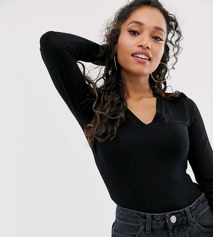 Asos Design Petite V Neck Long Sleeve Top In Black