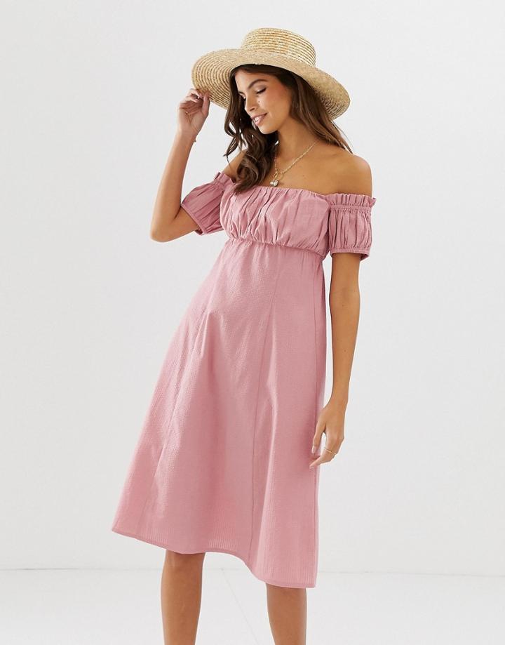 Asos Design Off Shoulder Midi Sundress With Ruched Bust - Pink