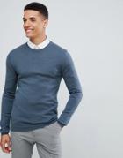 Asos Design Muscle Fit Merino Wool Sweater In Denim Blue - Blue
