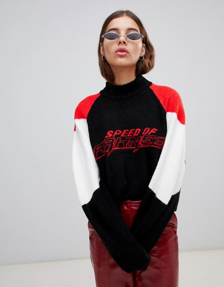 Weekday High Neck Slogan Knit Sweater - Multi