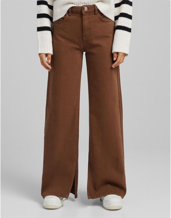 Bershka Wide Leg Pants In Chocolate-brown