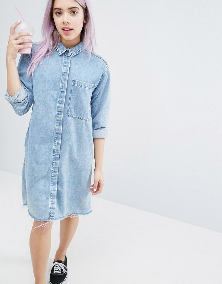 Monki Acid Wash Shirt Dress - Blue